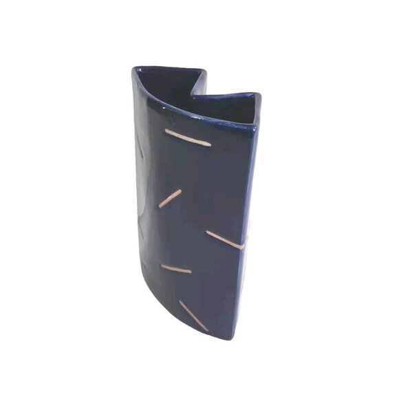 Vintage Stoneware Geometric Vase Retro MCM Rare HTF Cobalt Blue Glazed 6 5/8" - Picture 3 of 14